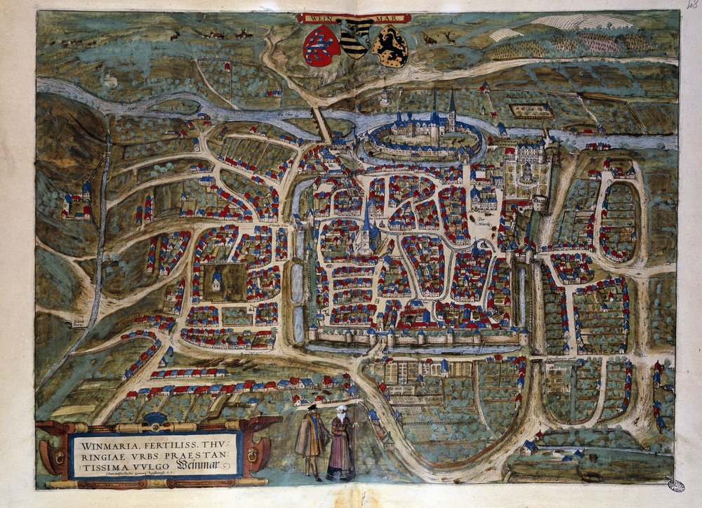 Kort over den tyske by Weimar. Indgravering fra Atlas over "Braun og Hogenberg" 1572 af Georg Braun and Hogenberg Franz