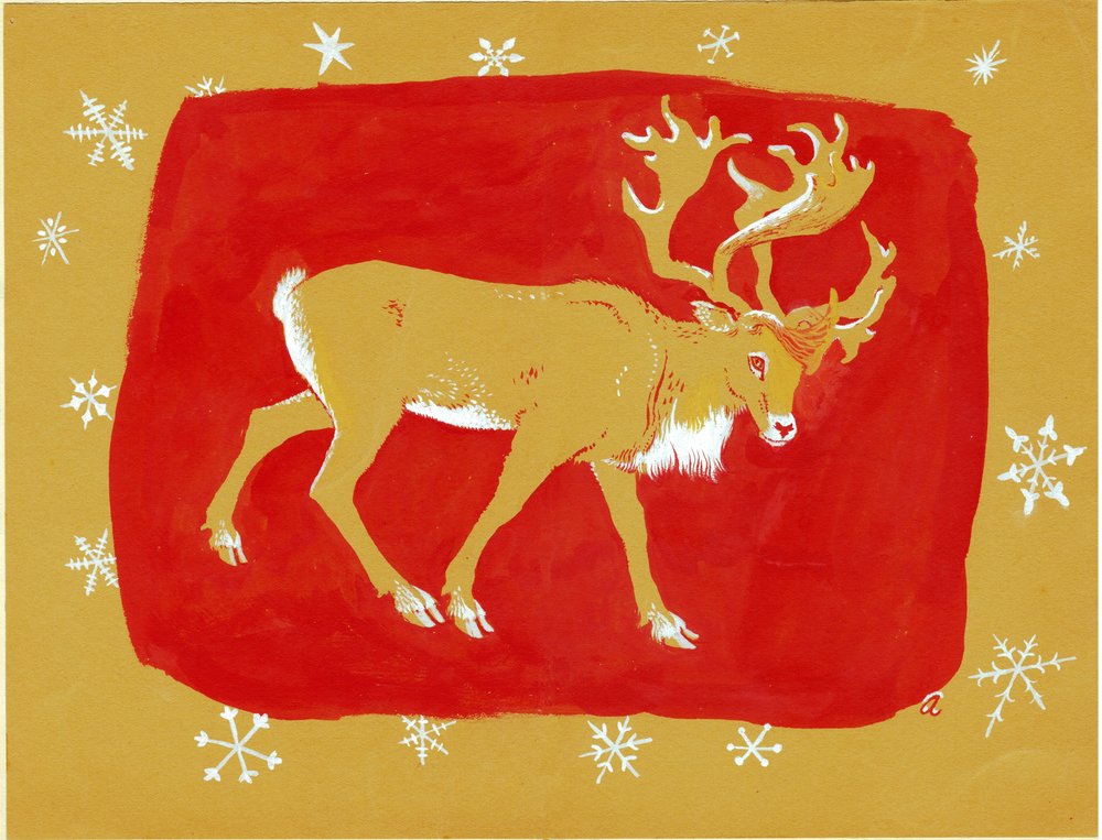 Rensdyr, 1960'erne (gouache på farvet kort) af George Adamson