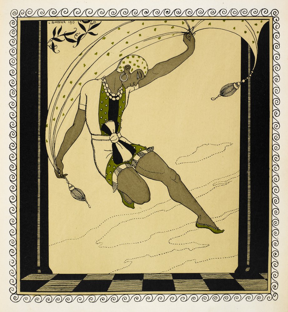 “Kleopatra”. En danser fra Anton Arenskys opsætning fra 1909, iført et kort hvidt, grønt og sort kostume bundet i taljen, grønne sko og en hvid mønstret hat. af Georges Barbier