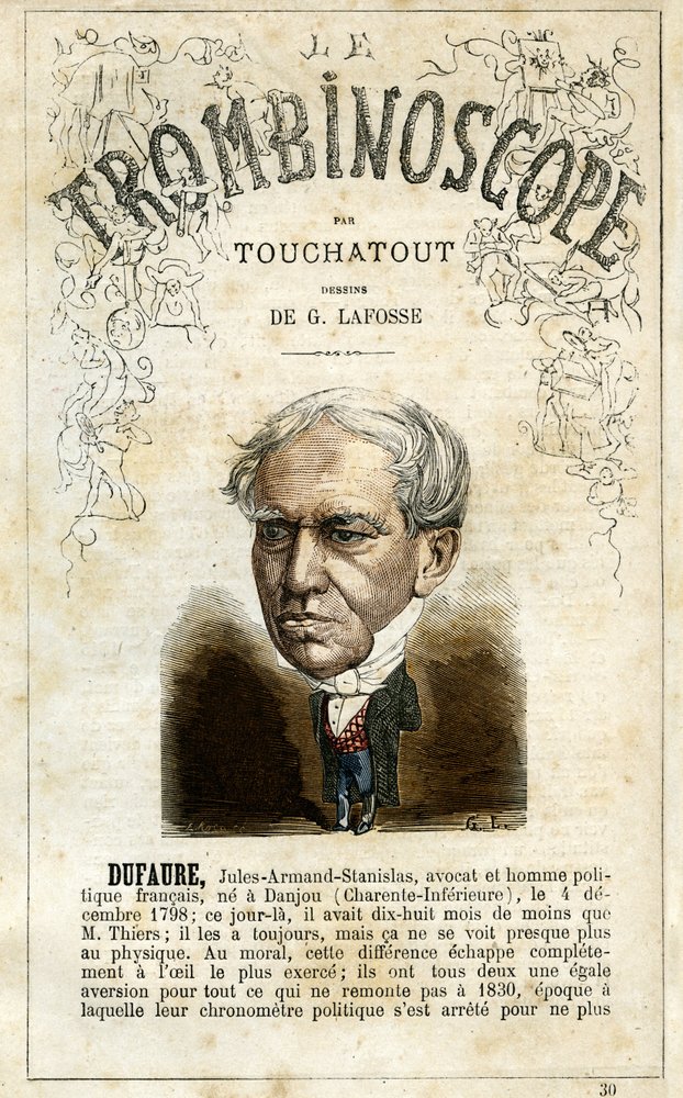 Jules Armand DUFAURE (1798-1881) - illustration fra "Le Trombinoscope", et satirisk politisk tidsskrift af Leon-Charles Bienvenu, kendt som Touchatout (1835-1910) monografi N. 30, Paris, marts 1872 af Georges Lafosse