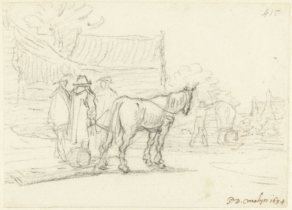 Tre mænd ved siden af ​​en hest og slæde af Gerard ter Borch (II)