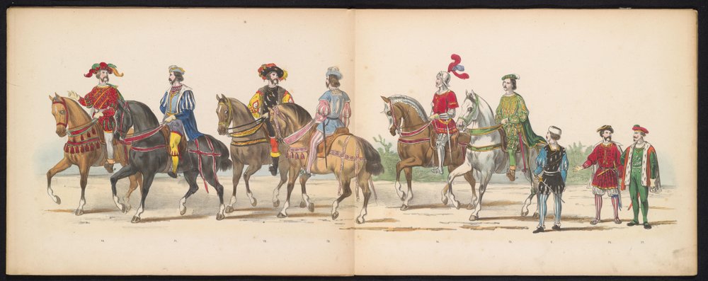 Masquerade of the Leiden Students, 1855 (plade 9) Udklædt procession afholdt af medlemmerne af Leidens studentkorps den 12. juni 1855 til fejring af 280-året for Leidsche Hoogeschool, der viser Charles V