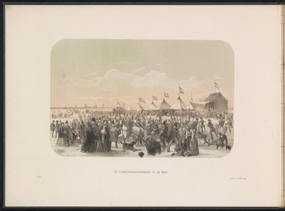 Skøjteløb på Maas i Rotterdam, 1855 Skøjtebanen på Maas (titel på objekt) Isunderholdningen på Maas i Rotterdam i februar 1855, med billedtekster (serietitel på objekt) af Gerardus Johannes Bos