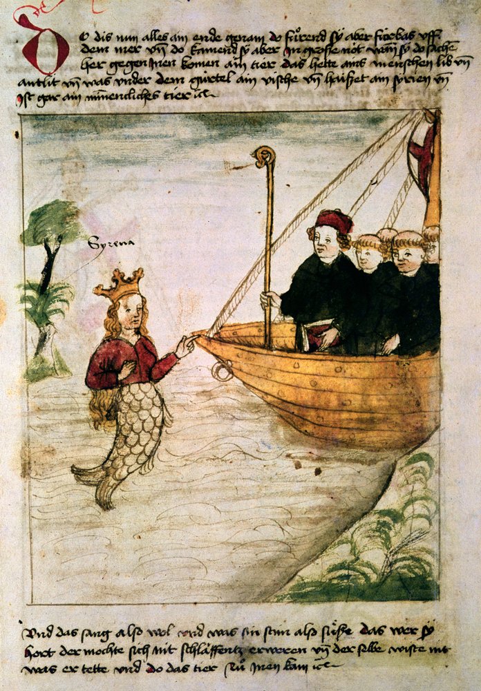 Sankt Brendan og en sirene, fra den tyske oversættelse af Navigatio Sancti Brendani Abbatis, ca. 1476 af German School