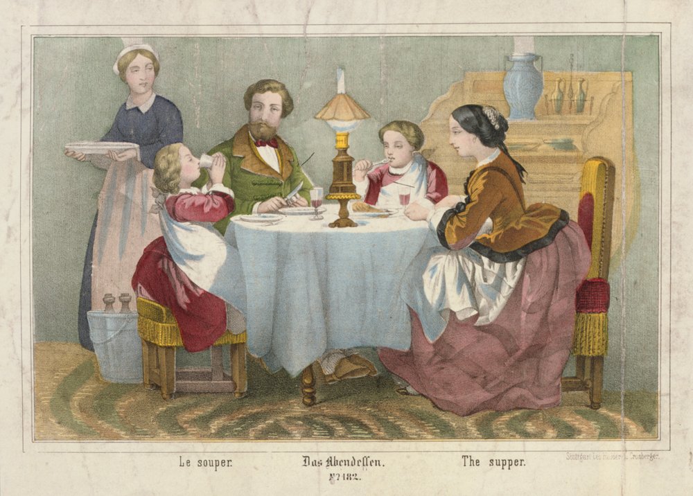 En familie ved deres aftensmåltid, billedligt broadsheet udgivet af Haider & Cronberger, Stuttgart, 1860 af German School