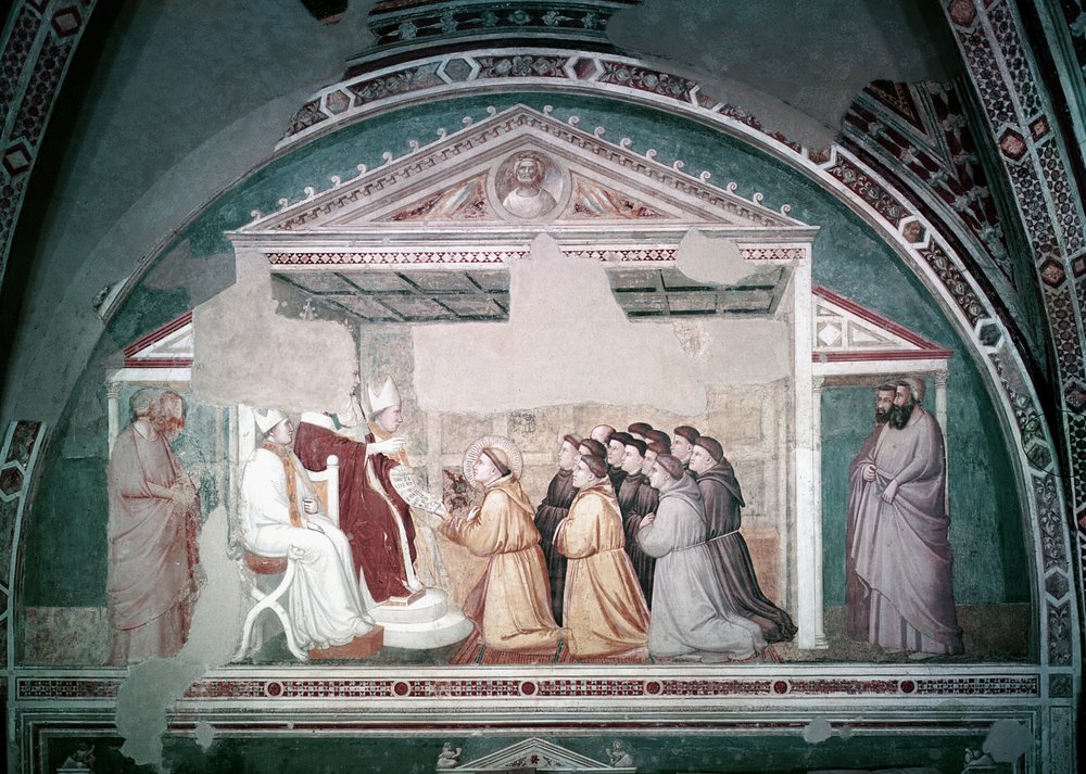 Pave Innocentius III (1160-1216) Godkender Skt. Frans-reglen fra Bardi-kapellet, ca. 1320 af Giotto di Bondone