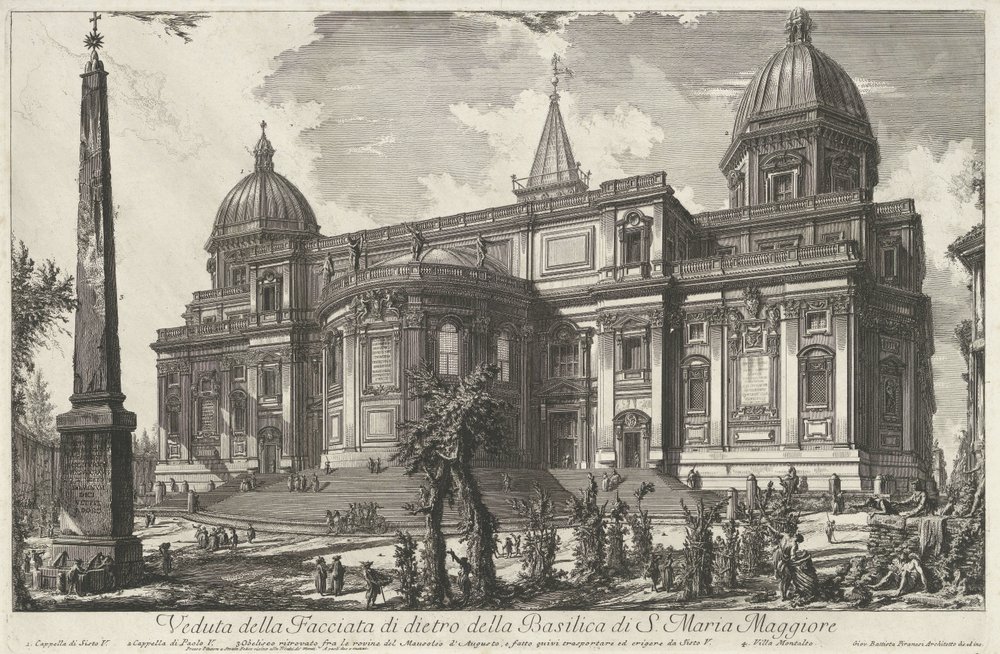 Santa Maria Maggiore i Rom Udsigt over bagfacaden af ​​basilikaen S. Maria Maggiore (titel på objektet) Gezichten op Rom (serietitel) Udsigt over Rom designet og indgraveret af Giambattista Piranesi-arkitekten Ve (nez) iano (serietitel) af Giovanni-Battista Piranesi