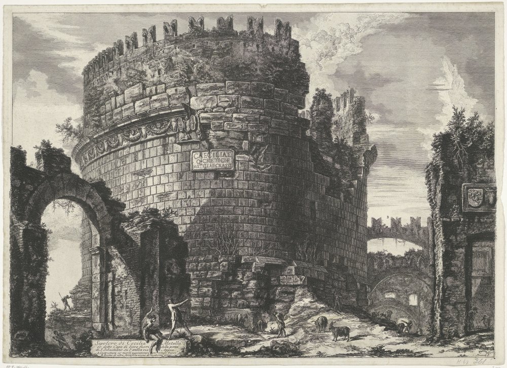 Tombe van Caecilia Metella te Rom Cecilia Metells grav (...) (titel på objekt) Gezichten op Rom (serietitel) Udsigt over Rom designet og indgraveret af Giambattista Piranesi-arkitekten Ve (nez) iano (serietitel) af Giovanni-Battista Piranesi