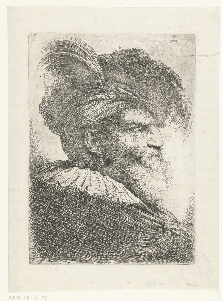 Hoved af en mand med turban og pelshat Stor undersøgelse af hoveder med orientalsk hovedbeklædning (serietitel) af Giovanni Benedetto Castiglione