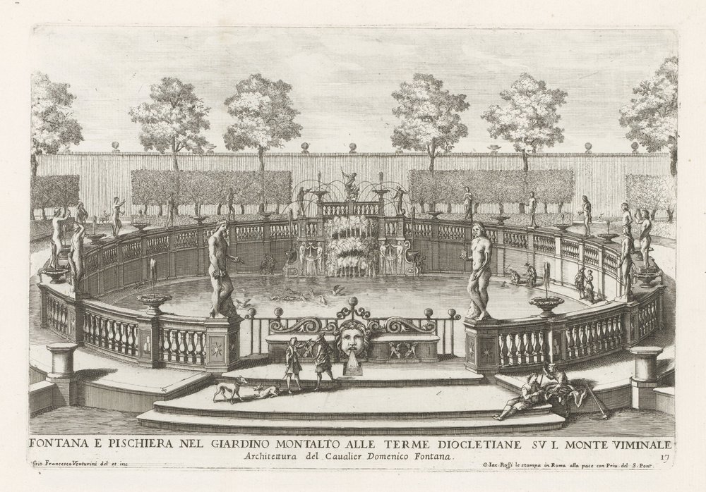 Springvand og fiskedam i haverne til Villa Montalto i Rom Fontana e pischiera nel giardino Montalto alle Terme Diocletiane (...) (titel på objektet) Le fontane ne palazzi e ne giardini di Roma (serietitel) Springvand i paladser og haver i Ro af Giovanni Francesco Venturini
