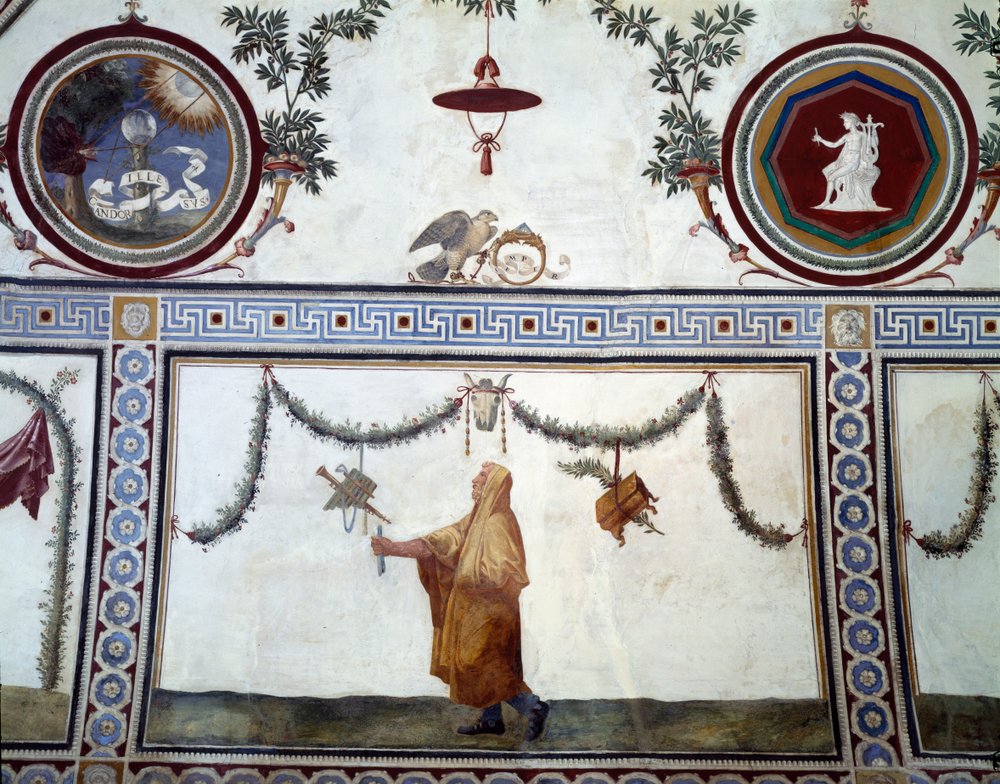 Camera con Fregio di Amorini Chamber of the Cupid Frieze detalje af loftet, der viser en klædt mand og insignier fra Medici-familien, fresko fra 1520