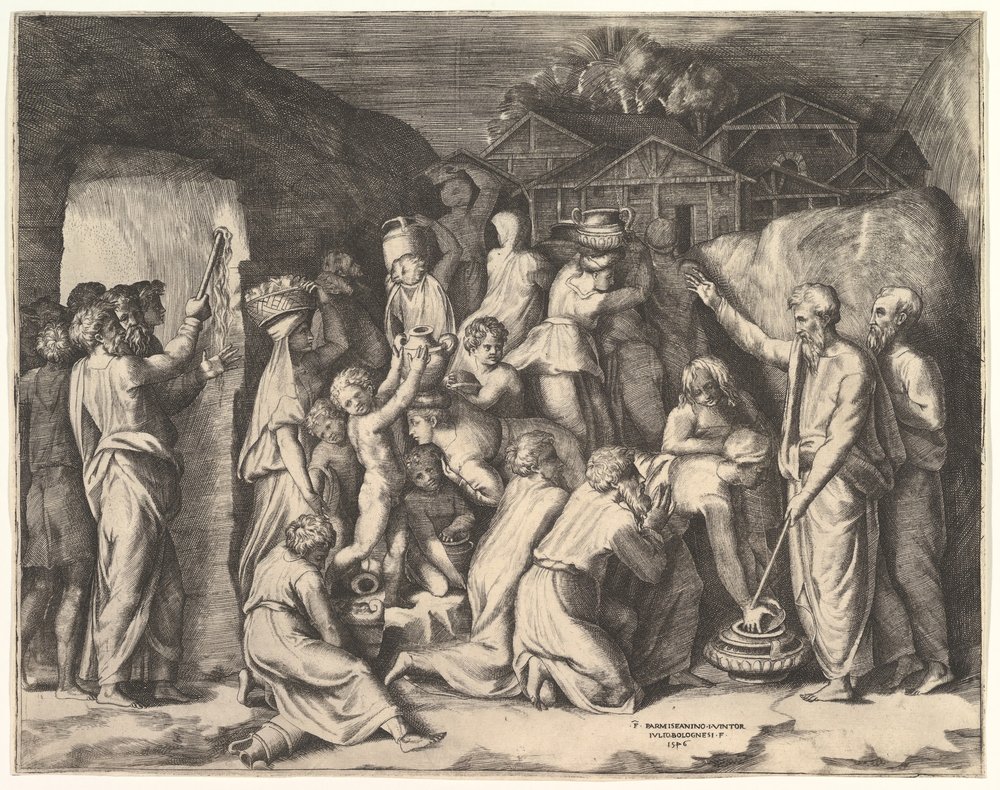 Moses fortæller israelitterne om at samle Manna og Moses slår klippen. af Giulio Bonasone