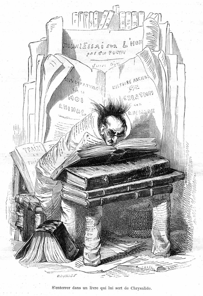 Tegneserie: Chrysalid af en lærd begravet i bøgerne på et bibliotek - Grandville-gravering, hentet fra bogen "Dyrenes private og offentlige liv (Les animaux peints par les memes)", Hetzel-udgave 1867 s. 563 - Kapitel med titlen Tablets of the G af Grandville (1803-47)