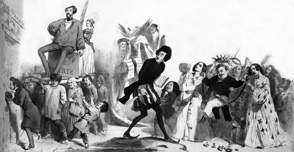 Franske romantiske forfattere (Alfred de Vigny, Victor Hugo, Alexandre Dumas faderen, Honore de Balzac) ønsker at komme ind på det franske akademi, men dørene er lukkede, kobberstik af Grandville (1803-47)