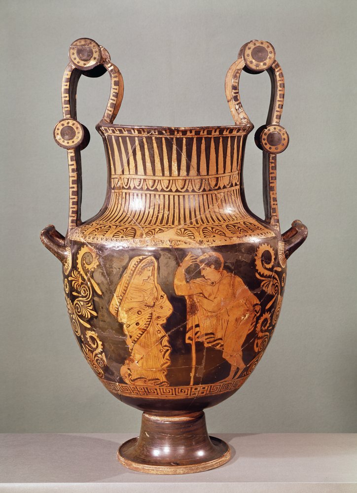 Rødfigurkrater, der viser en samtale mellem en efebe og en kvinde iført en himation, fra Boeotia (keramik) af Greek School