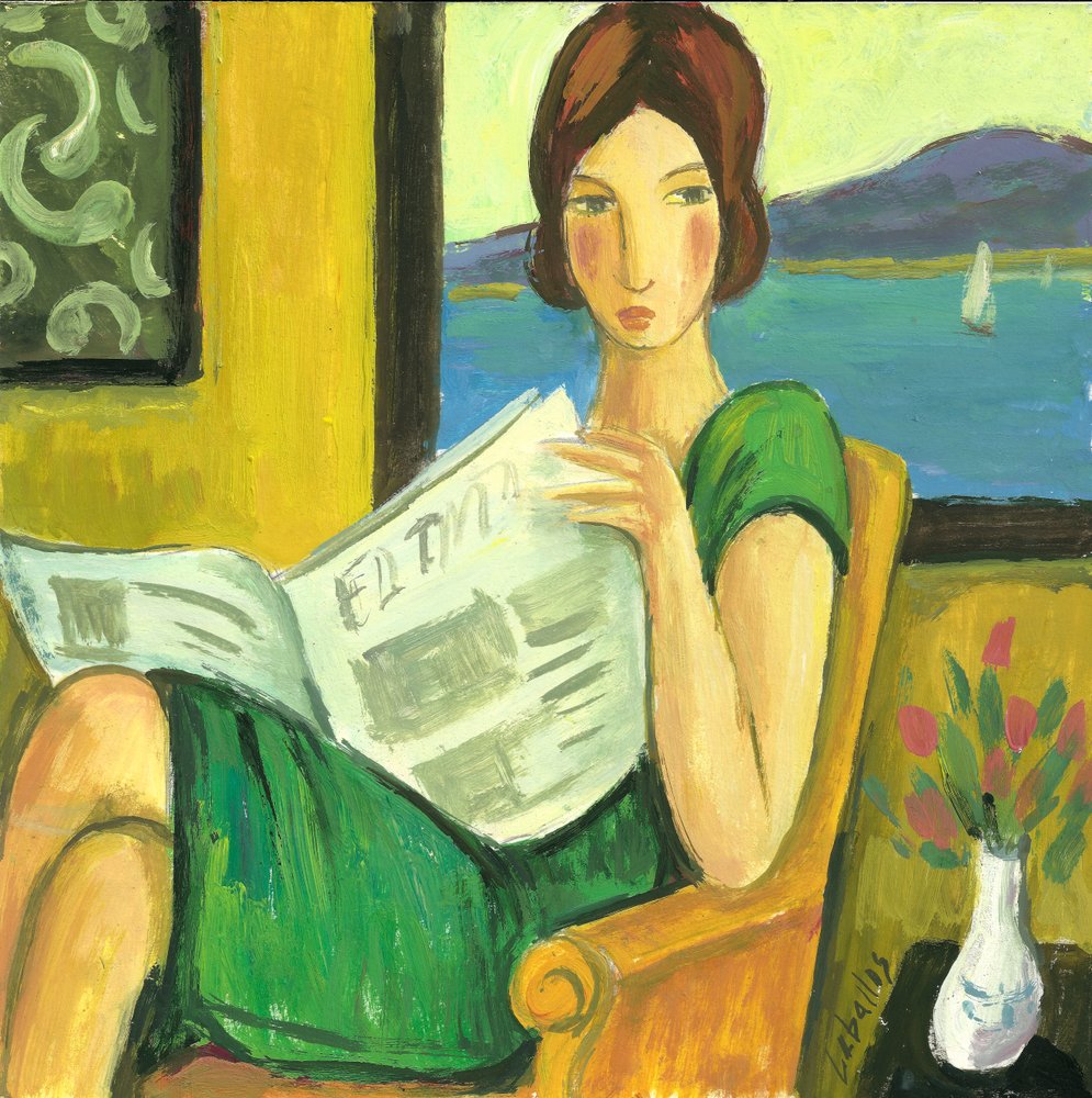 Pige, der læser avis, 2013 (gouache på papir) af Guillermo Martí Ceballos