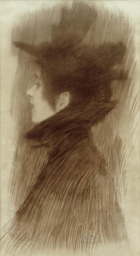 Pige med hat og kappe i profil af Gustav Klimt