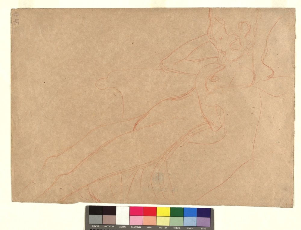 Lænende kvindelig nøgenfigur i profil i en lænestol af Gustav Klimt