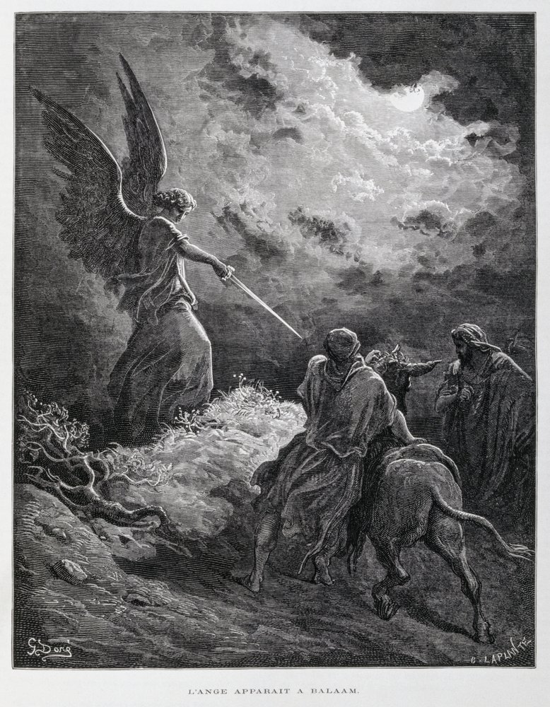 En engel mødte Bileam med et sværd, illustration fra Dorés Bibel af Gustave Dore