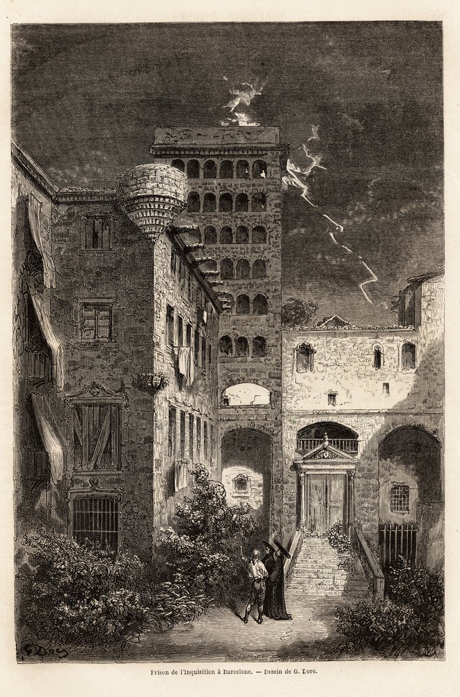 Inkvisitionsfængslet i Barcelona, tegning af Gustave Dore (1832-1883), for at illustrere hans rejse til Spanien, med C. Davillier, i 1862. Indgravering i "" Le tour du monde ", redigeret af Edouard Charton af Gustave Dore