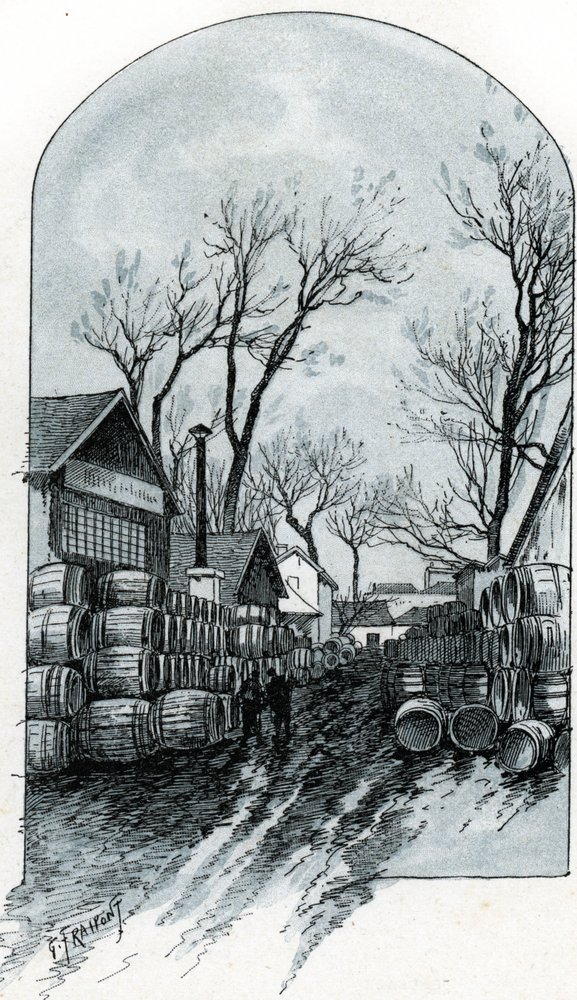 Udsigt over pakhuset i rue de Sauternes, Bercy, Paris (Udsigt over pakhuset i rue de Sauternes, Bercy, Paris) Tegning af Gustave Fraipont (1849-1923) tegner fra "La seine a travers Paris" af Saint-Juirs af Gustave Fraipont
