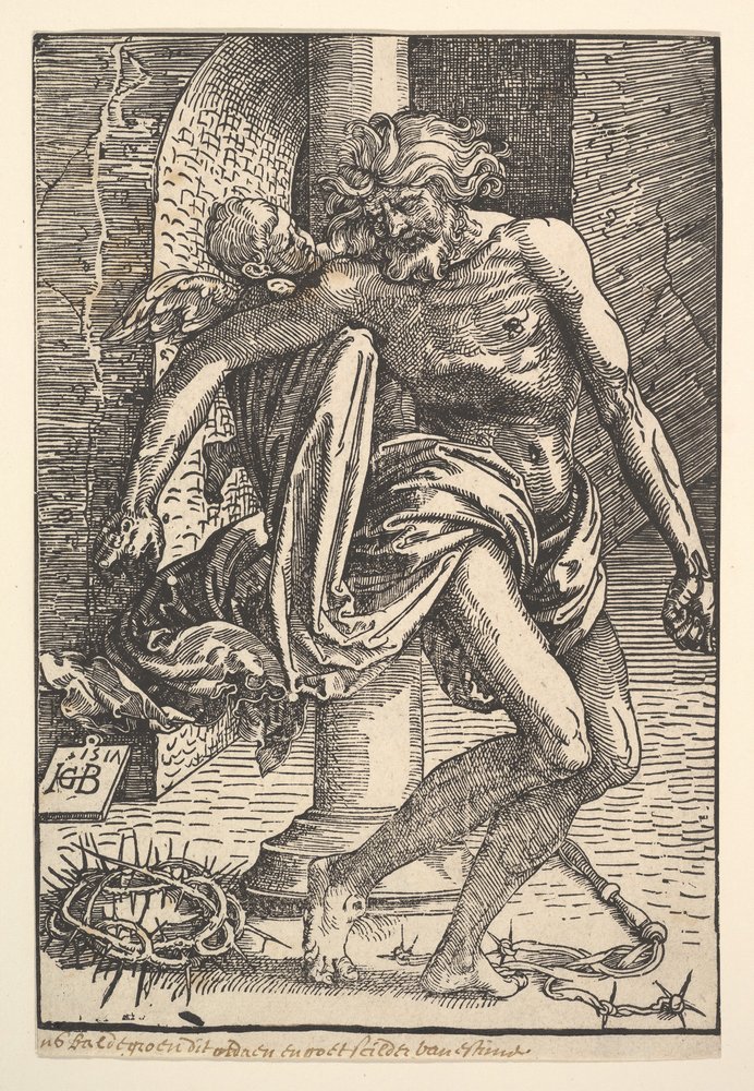 Kristus med torturinstrumenterne støttet af en lille engel, 1517. af Hans Baldung