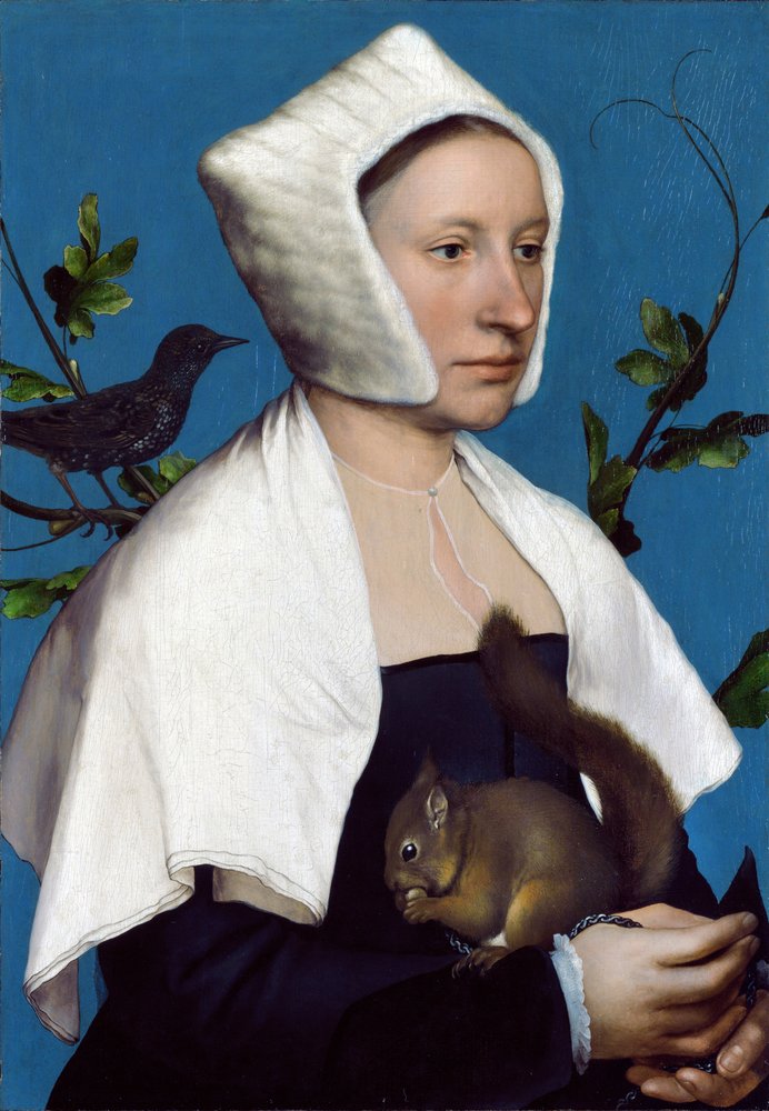 Dame med et egern og en stær, ca. 1526-28 af Hans Holbein der Jüngere