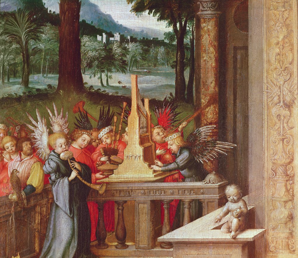 Jomfru, barn og hellige detalje af engle, der spiller orgel, 1519 olie på eg af Hans Holbein the Elder