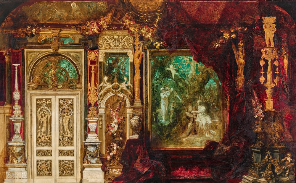 Dekorationsdesign til kejserinde Elisabeths soveværelse i Hermesvilla (midtscene: En skærsommernatsdrøm) af Hans Makart