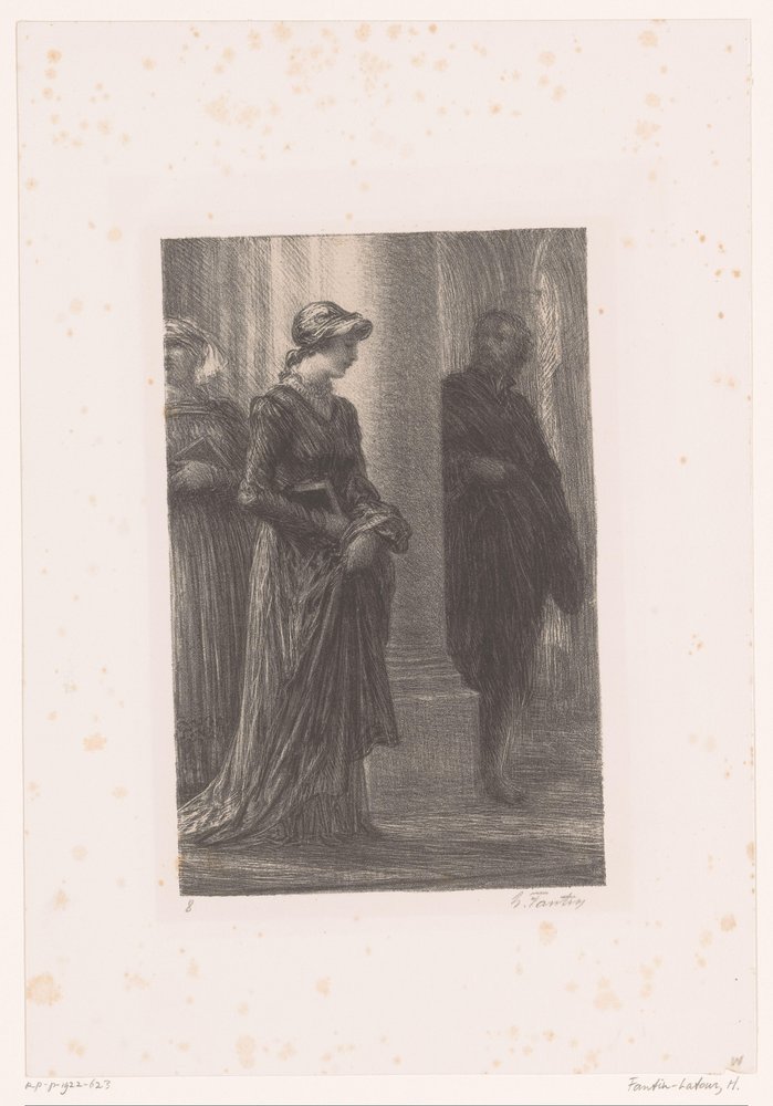 Walther von Stolzing bemærker Eva Pogner i kirken Mestersangerne i Nürnberg. Akt I. Rencontre de Walther et d