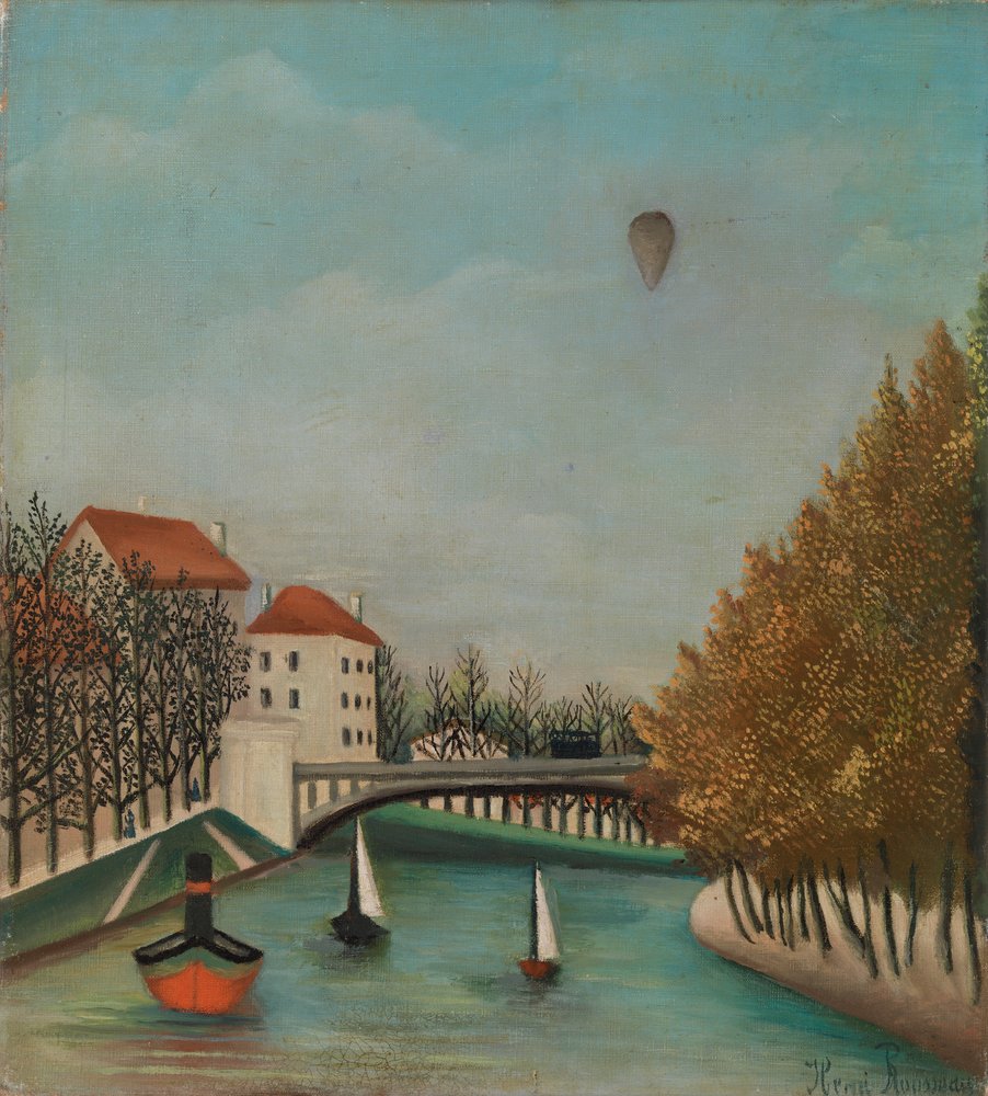 Flodscene med ballon af Henri J.F. 1844-1910 Rousseau