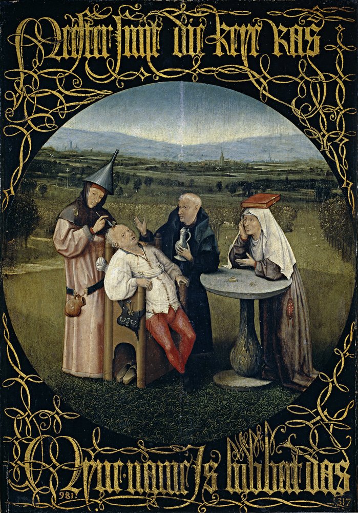 Helbredelsen af dårskab - udtrækning af galskabens sten, mellem 1488 og 1516 af Hieronymus Bosch