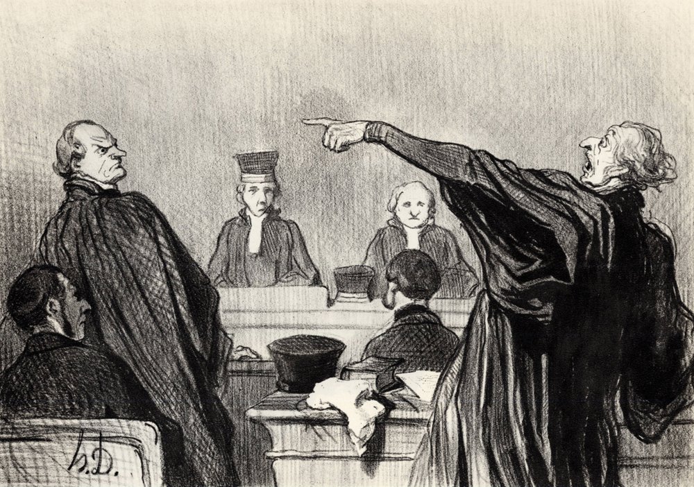 En advokat, der tydeligvis er fuldt overbevist... Fra serien Les gens de justice, 1845 af Honoré Daumier