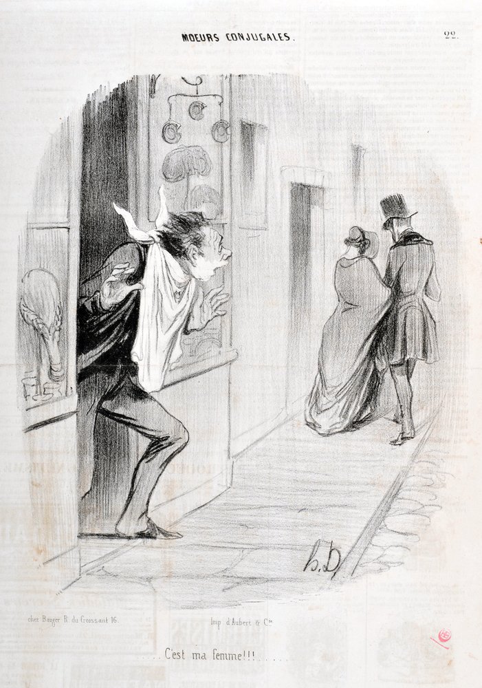 Kunstværk af Honore Daumier (1808-1879). Charivari stammer fra 1840 Serie MORIES CONJUAL “” Det er min kone!!! “” KUNSTMUSEET - PALACE LONGCHAMP, MARSEILLE af Honoré Daumier