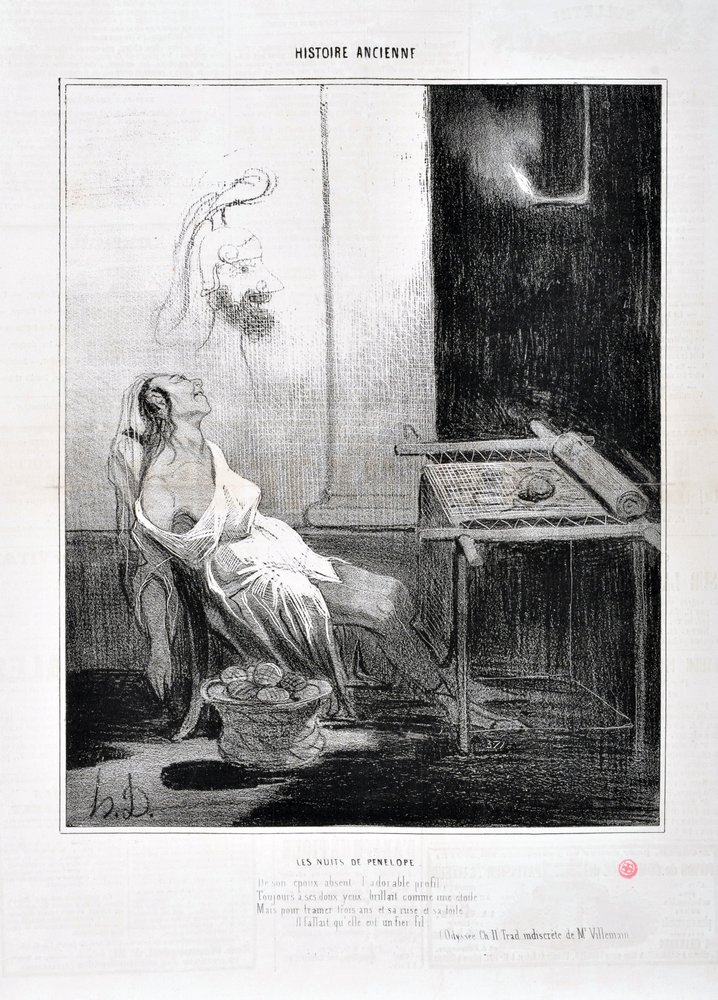 Kunstværk af Honore Daumier (1808-1879) Charivari stammer fra 1842: Serie HISTORIE ANCIE Les Nuits de Penelope "" Fra hendes fraværende yndige profil skinnede Forever med hendes søde øjne som en stjerne Formål at væve tre år og hendes list og hans web Han af Honoré Daumier
