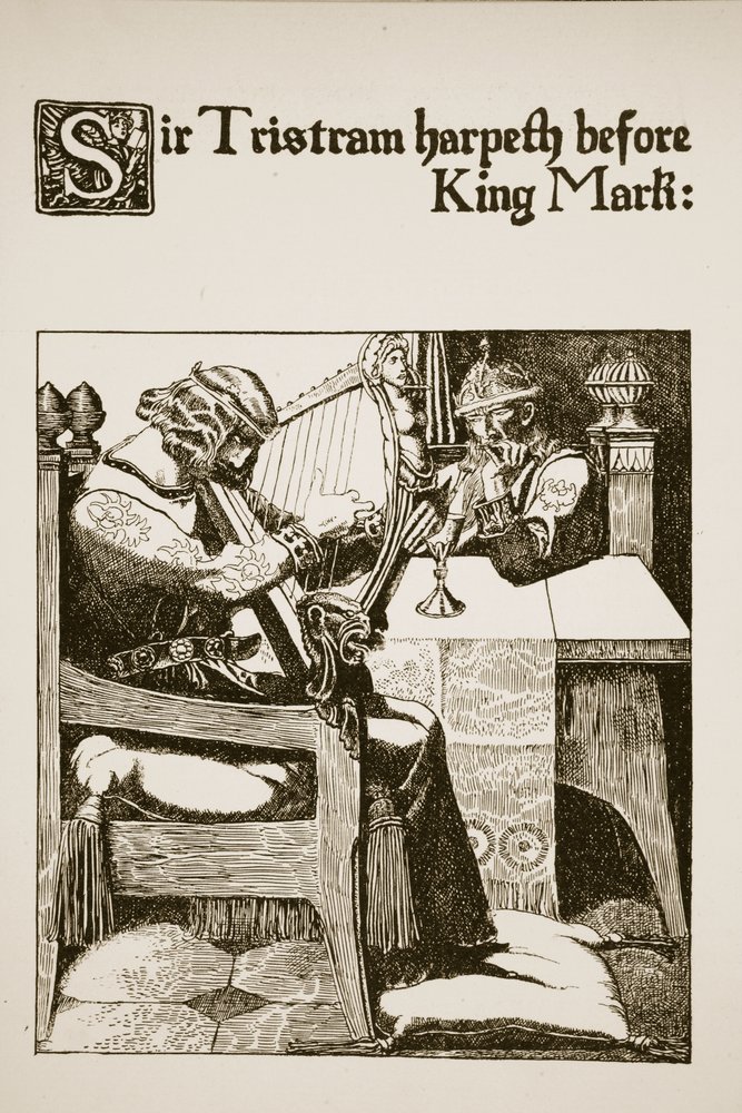 Sir Tristram harpet foran kong Mark, illustration fra 'The Story of the ...