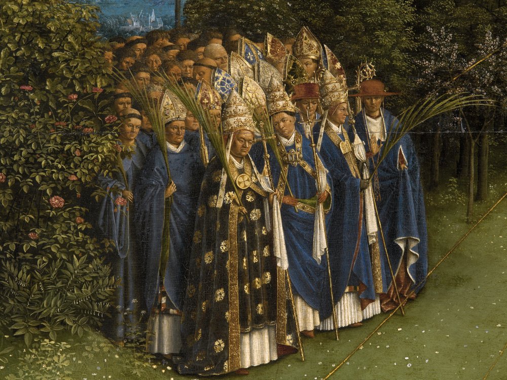Detalje af tilbedelsen af det mystiske lam, fra midterpanelet på Gent-altertavlen (olie på panel) af Hubert & Jan van (1390-1441) Eyck