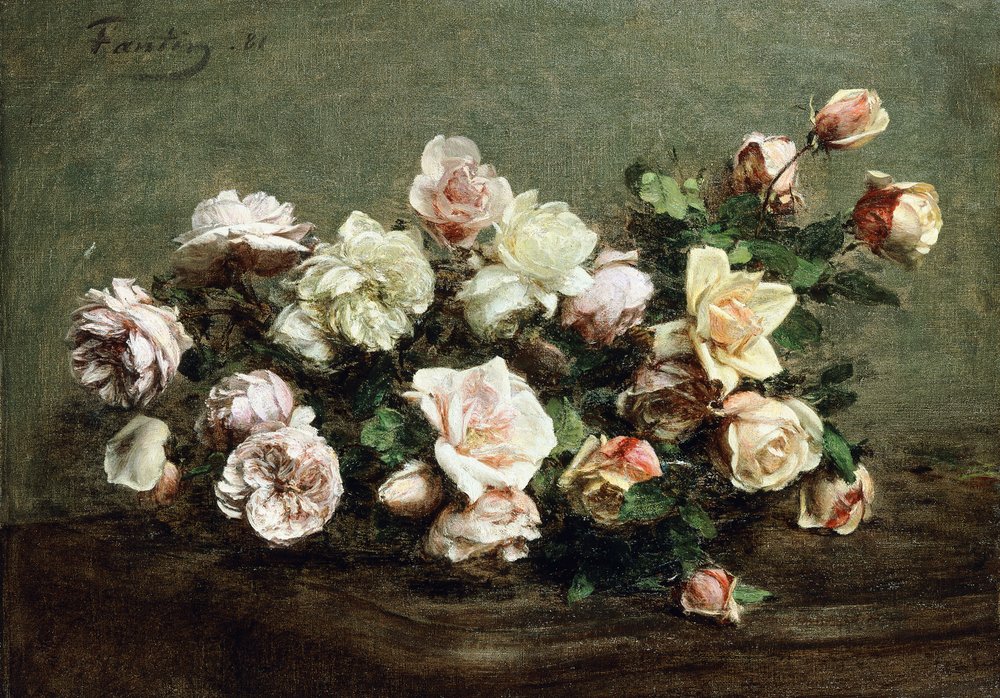 Vase med hvide roser på et bord; Vase med hvide og lyserøde roser på bordet, af Ignace Henri Jean Fantin-Latour