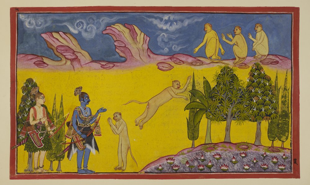 Tilføj 15296 (2) f.3r, Sugriva er først bange og tænker, at disse bevæbnede krigere er blevet sendt af hans tilranende bror Bali for at ødelægge ham. Han sender sin kloge minister Hanuman for at finde ud af mere om de to fremmede. Hanuman præsenterer sig s af Indian School