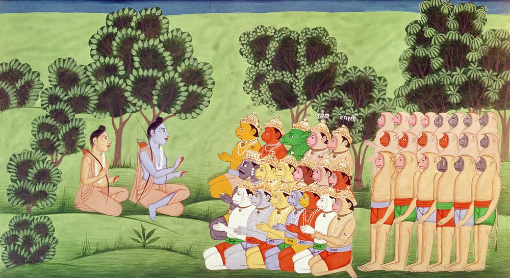 Lakshmana rådfører sig med abehærenes ledere, fra Ramayana af Indian School