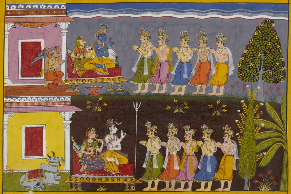 Guderne beder Śiva om at tilintetgøre rākṣasaerne; han henviser dem til Viṣṇu, som indvilliger. af Indian School