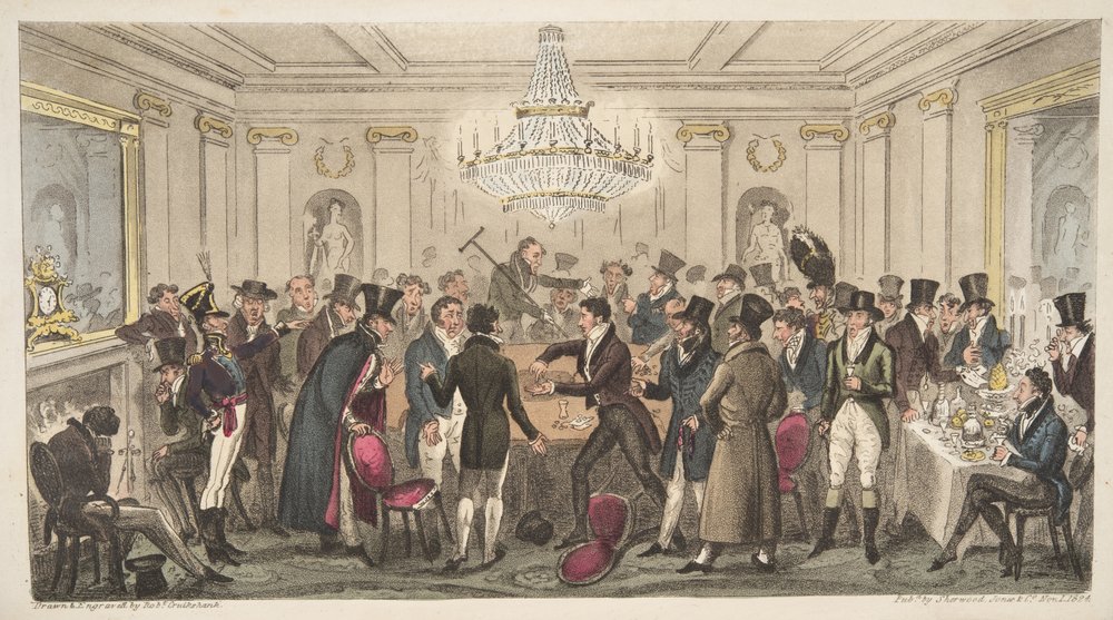Interiør af et moderne helvede - vide. The Cogged Dice, fra The English Spy, pub. 1824 (håndfarvet gravering) af Isaac Robert Cruikshank