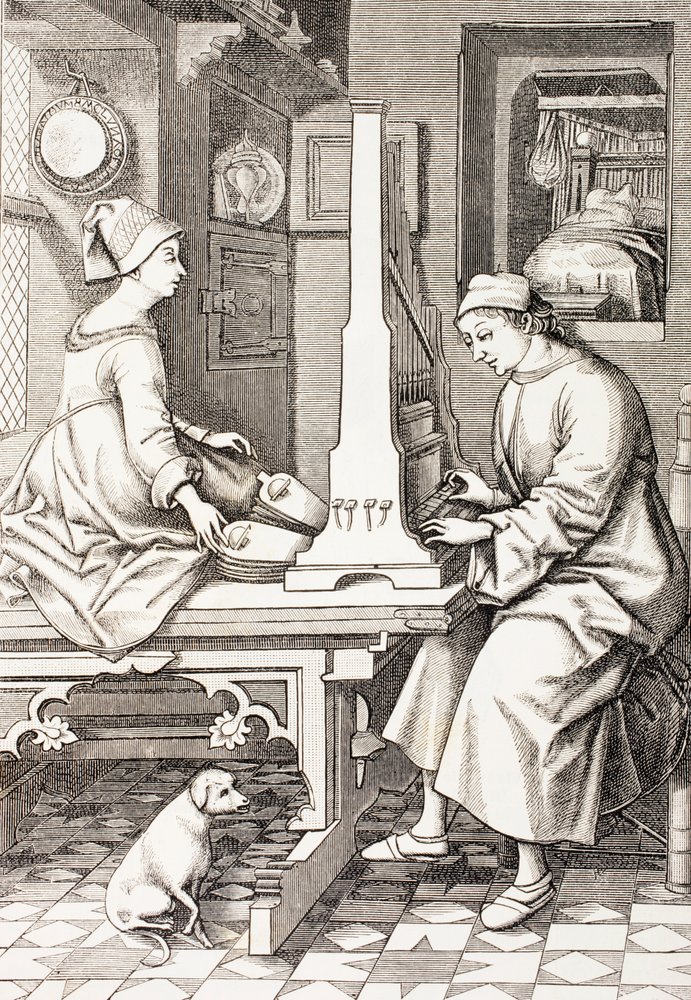 Tysk musiker, der spiller et bærbart orgel, fra 