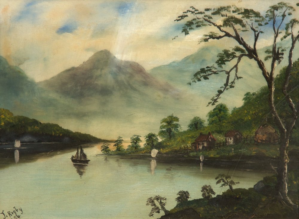 Landskab med sø, bjerge og sejlbåd, 1894 (olie på glas) af J. Rigby