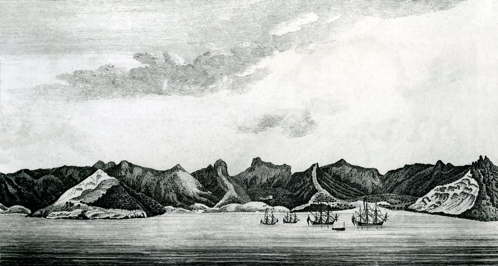 Udsigt over Cumberland Bay ved øen Juan Fernandes, ca. 1745 (gravering) af J. S. Mason