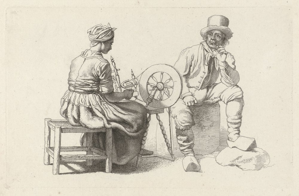 Studieark med en kvinde ved et spinnehjul og en siddende mand Studietryk / Etudes gravées (serietitel) af Jacob Ernst Marcus