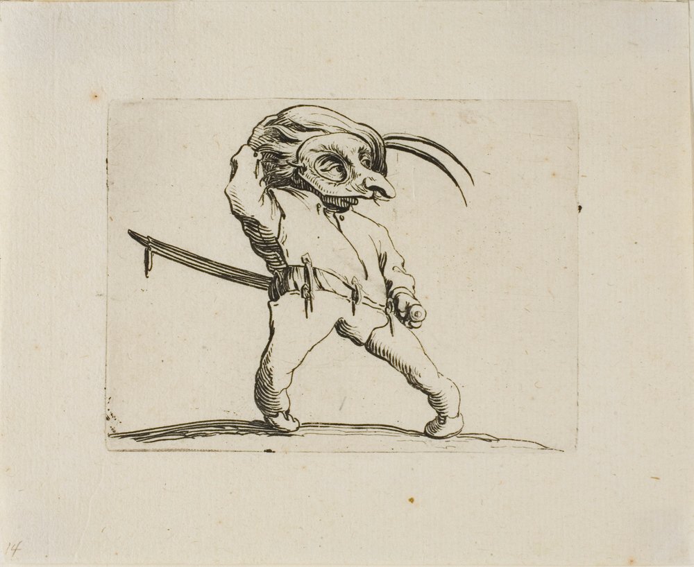 Den maskerede mand med snoede ben, fra Varie Figure Gobbi af Jacques Callot