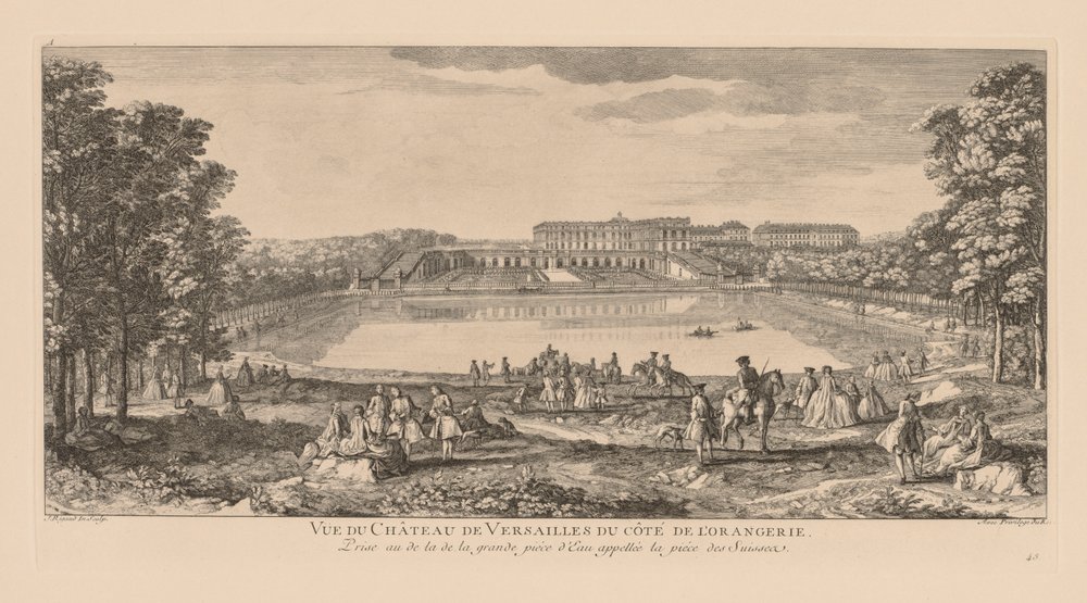 Udsigt over slottet i Versailles, fra Orangerie-siden, taget ud over den schweiziske dam. af Jacques Rigaud