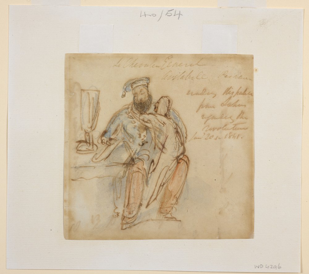 General Avitabile sad ved et bord og læste med en kvinde på knæet, muligvis hans favorit, Begum Peri af James Atkinson