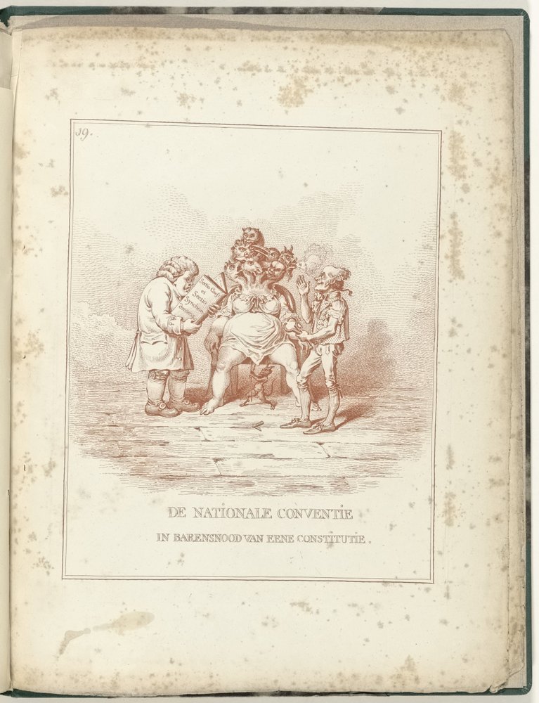 Nationalkonventets fødselsveer, 1795 Nationalkonventet i fødselsveer med en forfatning (titel på genstanden) Hollandia Regenerata (serietitel) af James Gillray (possibly)